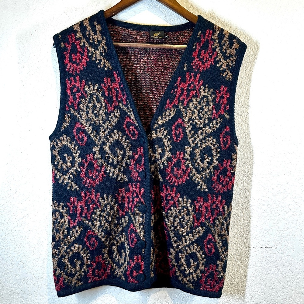100% Alpaca Wool Sweater Vest Women Size M Red Paisley Knit Grannycore Peru Made